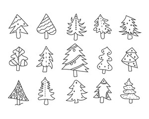 Obraz premium Hand drawn set of Christmas trees. Abstract doodle drawing of Christmas trees. Vector art illustration
