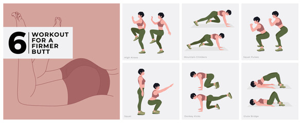 Workout for Firmer Butt. Women workout fitness, aerobic and exercises. Vector Illustration.