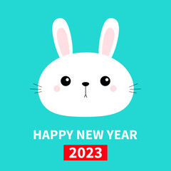 Happy Chinese New Year 2023. The year of the rabbit. White bunny round face head icon. Big ears. Cute kawaii funny cartoon character. Baby greeting card. Blue color background. Flat design.