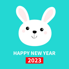 Happy Chinese New Year 2023. The year of the rabbit. White bunny hare face head round icon. Cute kawaii cartoon funny character. Baby greeting card. Blue background. Flat design.