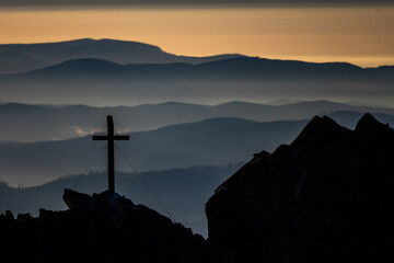 Catholic cross on top of the mountain. Mt. Solisko, Tatra Mountains, Slovakia.