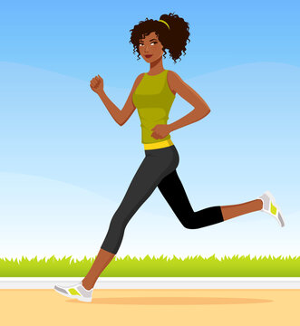 young black woman in sport fashion running, with simple park background. Healthy lifestyle illustration
