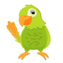 Green parrot bird. Flat cartoon character isolated on white.