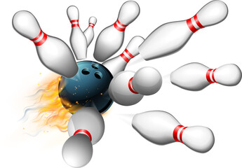 Flame Bowling Ball Strike with Ten Pins - obrazy, fototapety, plakaty