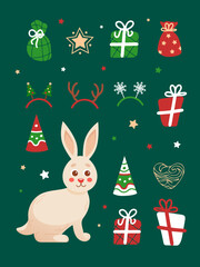 Christmas set bright illustrations in cartoon style. Rabbit symbol of Chinese New Year 2023. Gifts, stars, party hat, deer horns, Christmas trees, snowflakes. For stickers, posters, postcards, banners