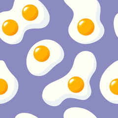 Breakfast, healthy food illustration, fried eggs on a bright purple background. Seamless pattern for wallpaper, printing on fabric, wrapping, background.