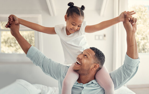 Dad Piggy Back Girl In Family Home Having Fun, Quality Time And Relax Together In House. Happy Father Carrying Excited Kid On Shoulders In Bedroom For Freedom, Happiness And Playful Weekend To Enjoy