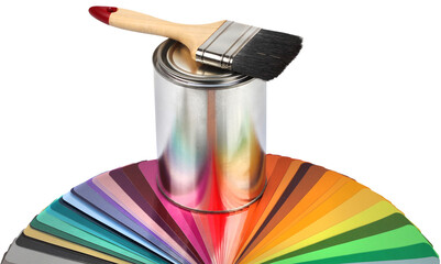 Paint brush, tin can and color guide samples isolated