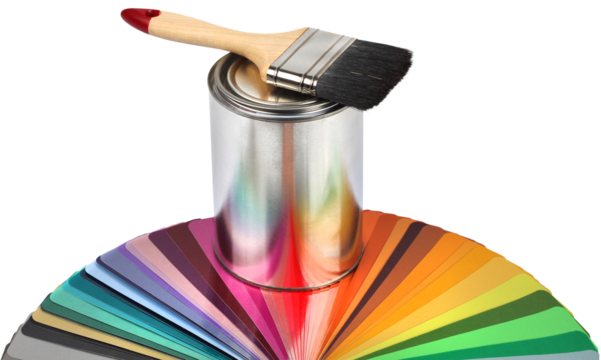 Paint brush, tin can and color guide samples isolated