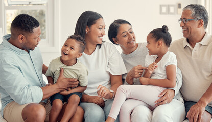 Love, black family and happy together, with smile and bonding for quality time, loving and on sofa....