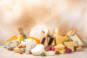Different sorts of cheese set. Cheese platter with various cheese, with grapes, nuts, cheese knife and spices, light tiled background copy space