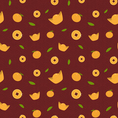 New Year Chinese pattern with tangerines, money and gold. Bright holiday seamless pattern for cards, posters, wrapping paper, fabric. Vector.