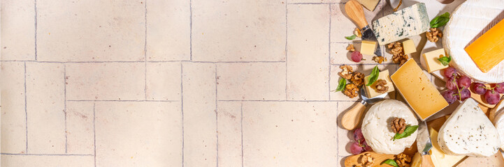 Different sorts of cheese set. Cheese platter with various cheese, with grapes, nuts, cheese knife and spices, light tiled background copy space