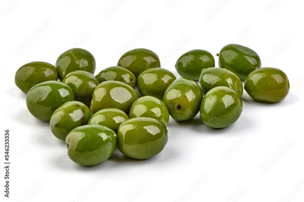 Wall mural Fresh green olives, isolated on white background.