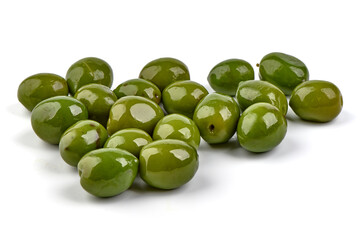 Fresh green olives, isolated on white background.