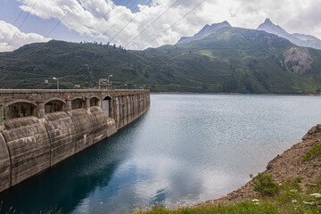 View of Morasco Lake and the dam in Formazza valley in Verbano-Cusio-Ossola province, Italy