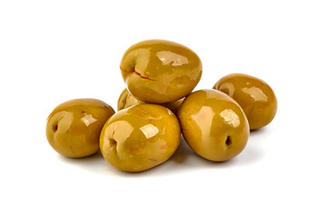 Green big olives, isolated on white background.
