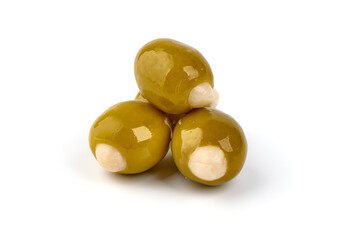 Garlic Stuffed Green Olives, isolated on white background.