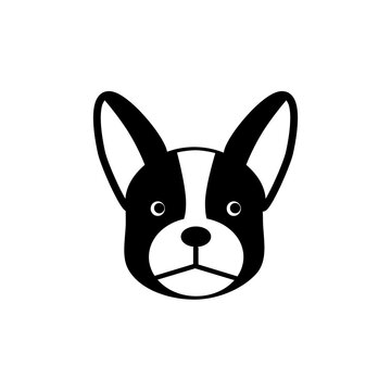 Black and White French Bulldog Face Icon. Serious Frenchie dog head with big ears in vector logo.