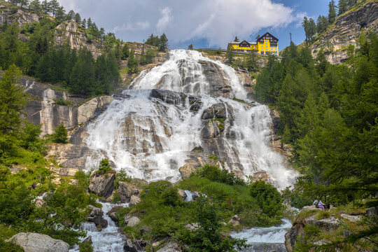 View of Toce Waterfall in Formazza Valley, province of Verbano-Cusio-Ossola, Italy. With a jump of 143 meters it is the second highest waterfall in Europe
