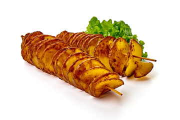 Street food. A spiral fried potatoes, isolated on white background.