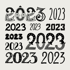 Set of templates with the number 2023. Freehand drawing. Can be used for scrapbook, banner, print, etc.