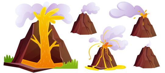 Vector cartoon set of volcanic eruption stages. Natural volcano erupts with ash, gases, hot lava, fire and clouds of smoke. Mountain rocky hills with flow magma and crater isolated on white background © redgreystock