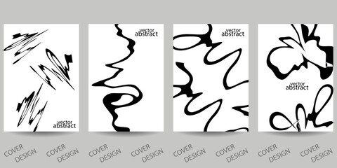 Trendy template for design cover, poster, flyer. Layout set for sales, presentations. Futuristic black wavy pattern with distortion effect. Hand drawn geometric chaotic background. Vector.