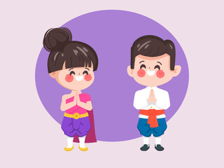 Cartoon character of traditional Thai girl and boy in namaste poses.