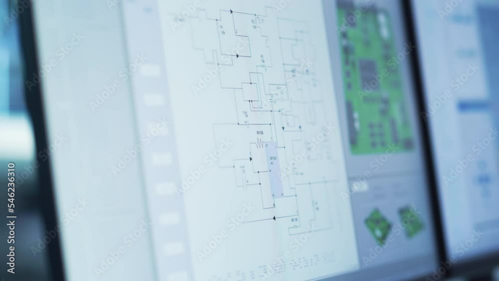 Poster Close Up of a Computer Monitor Screen with Software Utility Tool with Digital Electronic Diagram of a Circuit Motherboard and 3D Model. Technological Research and Development Concept.
