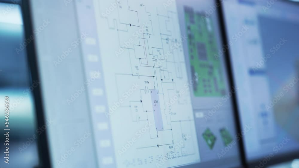 Poster Close Up of a Computer Monitor Display with 3D CAD Software Interface with Digital Electronic Diagram of a Circuit Motherboard Being Designed. Technological Research and Development Concept.