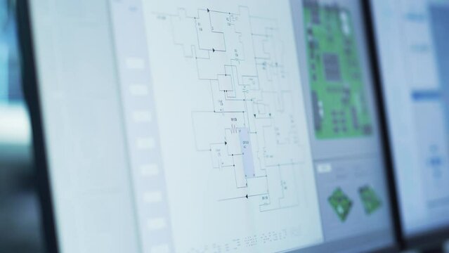 Close Up of a Computer Monitor Screen with Software Utility Tool with Digital Electronic Diagram of a Circuit Motherboard and 3D Model. Technological Research and Development Concept.