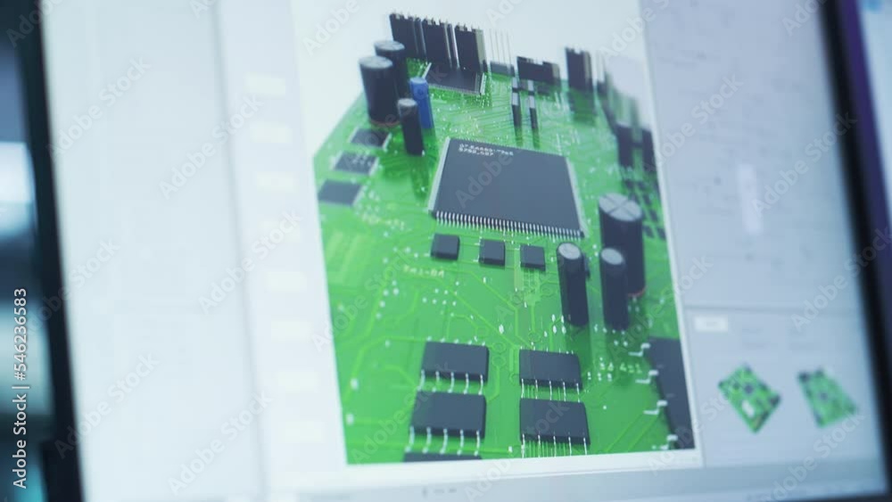 Poster Close Up of a Computer Monitor Display with 3D CAD Software Interface with Digital Electronic Circuit Motherboard Being Designed. Modern Factory Engineer's Office Concept.