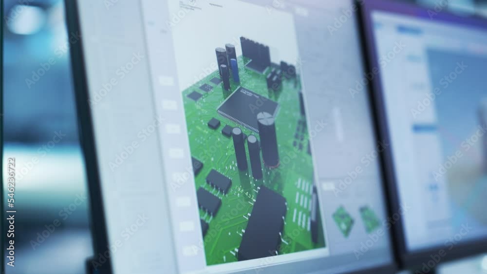 Poster Close Up of a Computer Monitor Screen with 3D CAD Software with Digital Electronic Circuit Motherboard with Microchips, Capacitors, Transistors and Inductors.