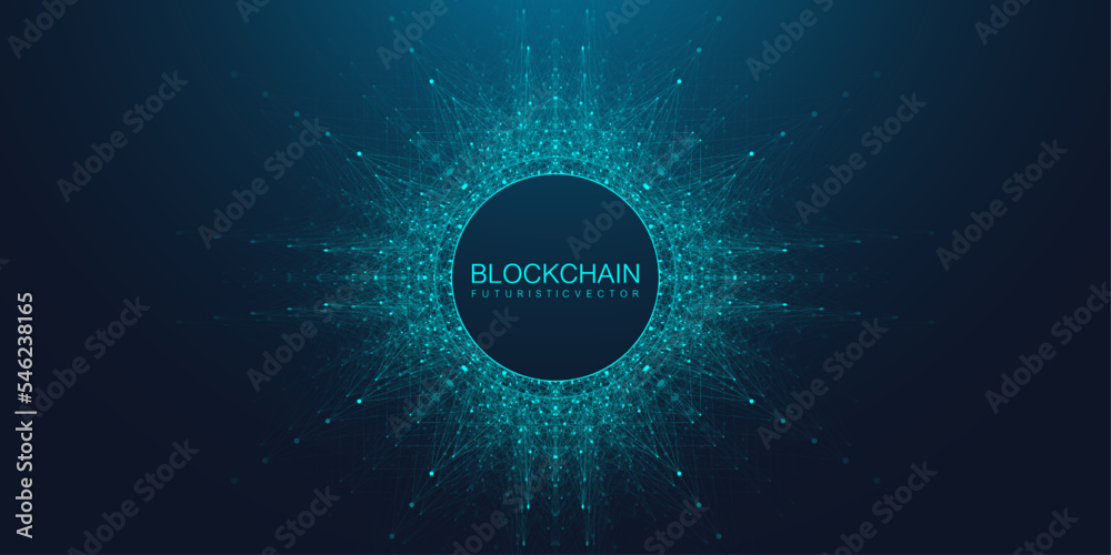 Aufkleber Blockchain transfer satellite future communications. Abstract technology cloud world. Global network fintech concept vector background. Digital blockchain communications.