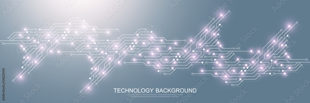 Aufkleber Quantum computing concept. Motherboard computer generated abstract background. Deep learning artificial intelligence. Big data algorithms visualization. Vector illustration.