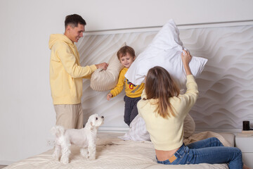 Fototapeta premium Cute family, parents with adorable child son and white litte dog playing with pillows
