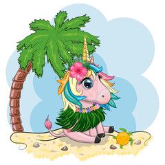 Cute cartoon unicorn dressed as a hula dancer, Hawaii, ready to go character. Summer, sea, palm trees, beach