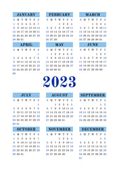 Calendar design 2023 year. English vertical vector wall or pocket calender template