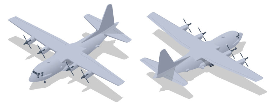 Isometric Lockheed C-130 Hercules, American four-engine turboprop military transport aircraft. Military transport aircraft