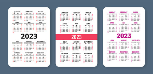 Calendar 2023 year set. English vector set. Vertical wall or pocket calender template. Design collection. Week starts on Sunday