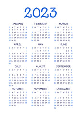 Calendar design 2023 year. English blue vector vertical wall or pocket calender template