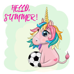 Cute cartoon unicorn with soccer ball, summer, kids games, club