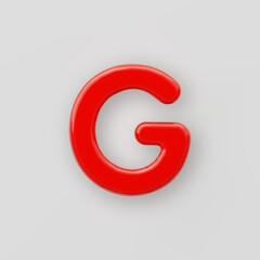 3D Red plastic uppercase letter G with a glossy surface on a gray background.