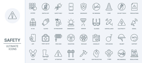 Fototapeta na wymiar Life safety, insurance thin line icons set vector illustration. Outline warning attention signs about risk of accident, first aid kit and emergency, extinguisher for home fire, surveillance support