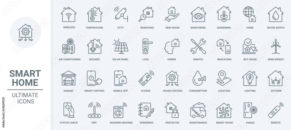 Poster smart home technology thin line icons set vector illustration. outline mobile app symbols for contro