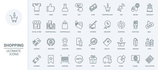 Obraz na płótnie Canvas Online business, retail store thin line icons set vector illustration. Outline bag and cart for shopping on sales, review and advertising technology, discounts and coupon to buy, money payment