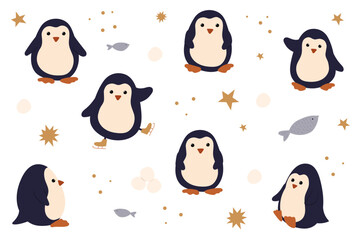 Set of funny baby penguins with elements: stars, dots, snowballs, fish, skates on white background. Stikers