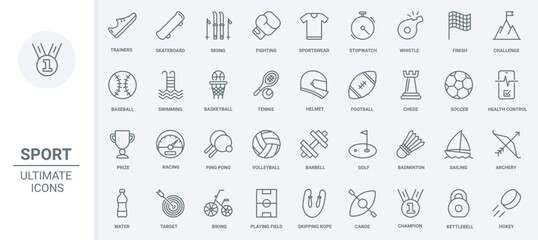 Sport thin line icons set vector illustration. Outline sportswear and equipment for training boxing and skiing, trophy in challenge competition of tennis and basketball, soccer and volleyball