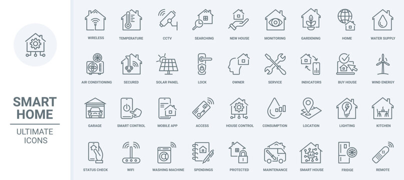 Smart home technology thin line icons set vector illustration. Outline mobile app symbols for control service of house system, surveillance security and conditioning, status of remote lock and access